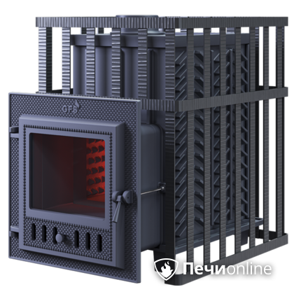 Дровяная банная печь Гефест ЗК в сетке-18 (М) чугунная дверца со стеклом, запатентованная каменка сетка в Великом Новгороде
